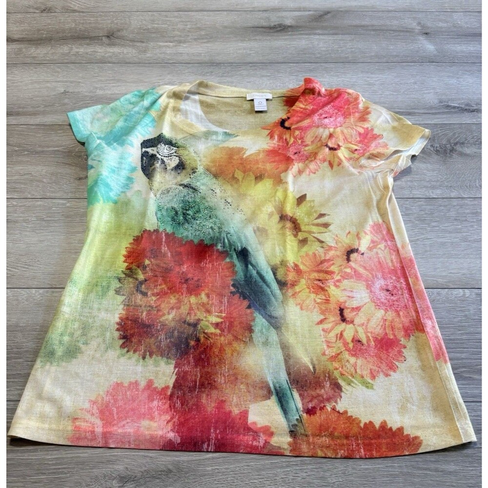 Chico's Scoop Neck All-Over Print Tropical Parrot Studded Cap Sleeve Top Size 0
